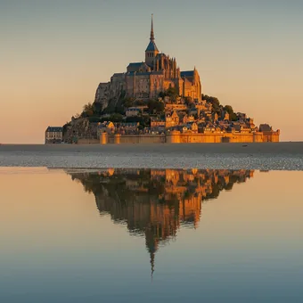 Mont-Saint-Michel se reflétant dans la baie au lever du soleil