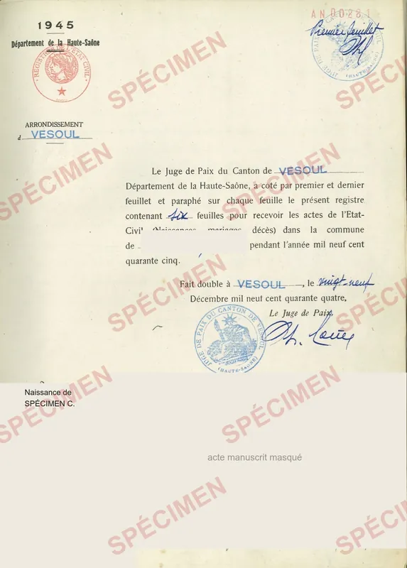 Page manuscrite d’un registre d’état civil de 1945