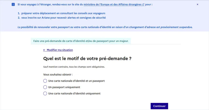 Premier écran de la pré-demande : choix du titre demandé
