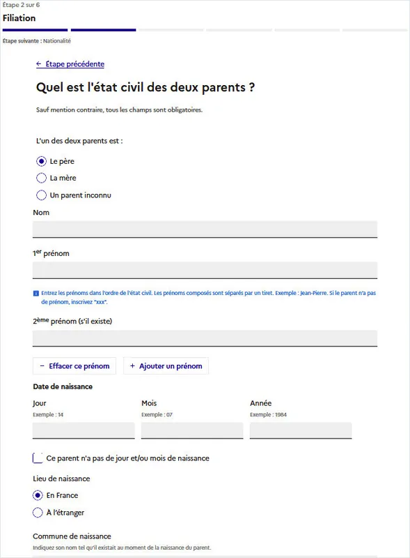 Formulaire de filiation demandant l’état civil des parents