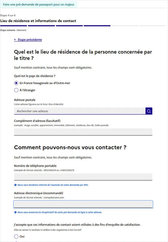 Formulaire de résidence et de coordonnées