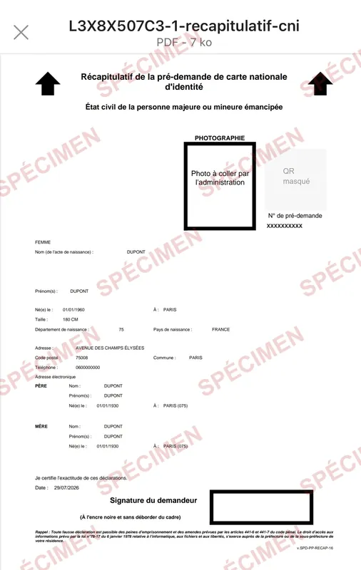 Récapitulatif de pré-demande, numéro et QR code masqués