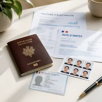 Passeport, carte d'identité, photos d'identité et formulaires réunis pour un dossier