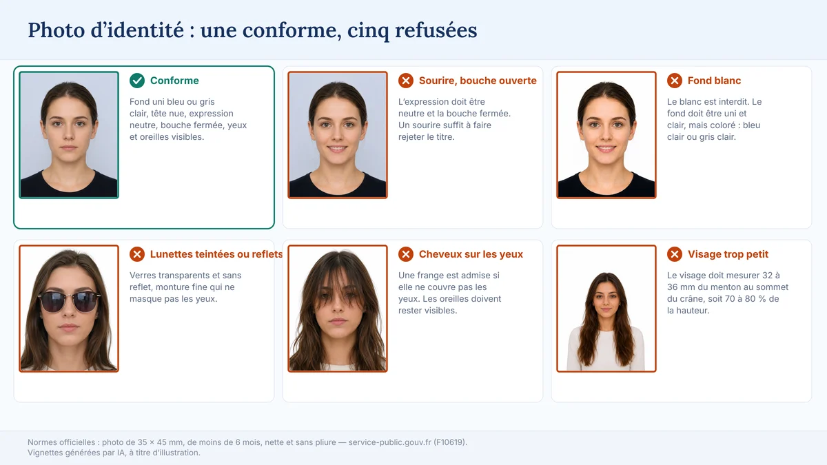Planche comparative de six photos d’identité : une conforme (fond bleu clair, tête nue, expression neutre) et cinq refusées — sourire bouche ouverte, fond blanc, lunettes teintées, cheveux sur les yeux, visage trop petit dans le cadre.
