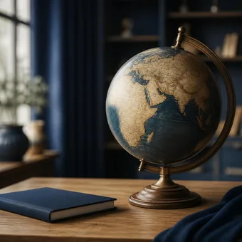 Globe terrestre ancien pose sur un bureau, pres d'un carnet ferme