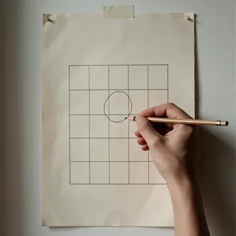 Feuille de papier a grille vierge, une main entoure une case au crayon