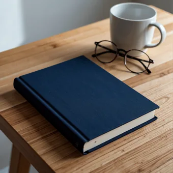 Livre bleu marine ferme sur une table en bois, a cote de lunettes et d une tasse