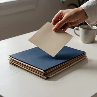 Une main pose une feuille sur une pile de chemises cartonnees