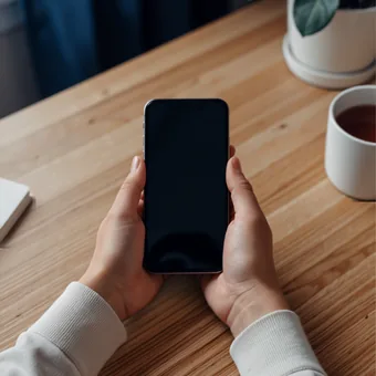 Mains tenant un telephone a l'ecran eteint au-dessus d'un bureau