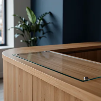 Comptoir d'accueil en bois clair a tablette de verre, plan de travail vide