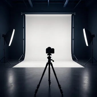 Appareil photo sur trepied face a un fond blanc, studio vide