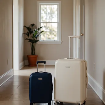 Petite valise bleu marine a cote d'une grande valise creme dans une entree lumineuse