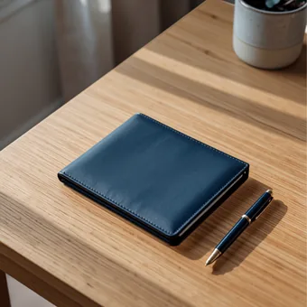 Portefeuille en cuir bleu marine ferme sur un bureau en bois, a cote d'un stylo