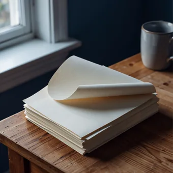 Pile de feuilles de papier creme vierges, la feuille du dessus recourbee
