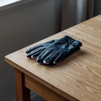 Paire de gants de conduite en cuir bleu marine posee sur une table en bois