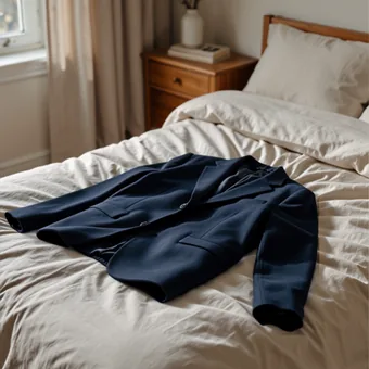 Veste bleu marine posee sur un lit clair, pres d'une fenetre