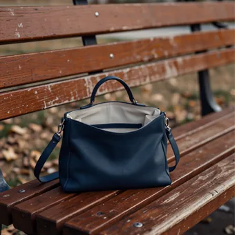 Sac a main ouvert et vide pose sur un banc public en bois