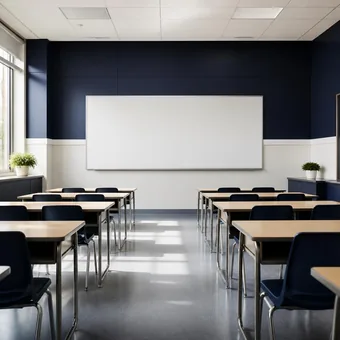 Salle de cours claire vue du fond, tables alignees et tableau vide