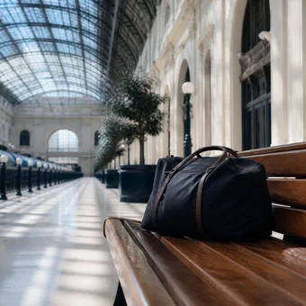 Sac de voyage pose sur un banc dans un hall de gare a verriere