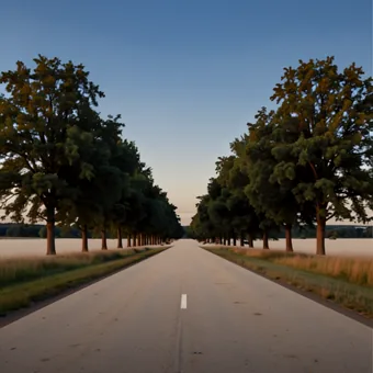Route de campagne rectiligne bordee d'arbres, vers l'horizon