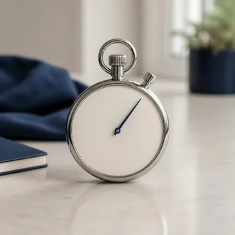 Chronomètre au cadran vierge posé sur un plan de travail clair, carnet bleu marine à côté