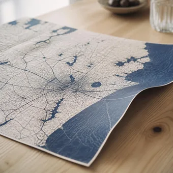 Carte routiere papier depliee sur une table en bois clair