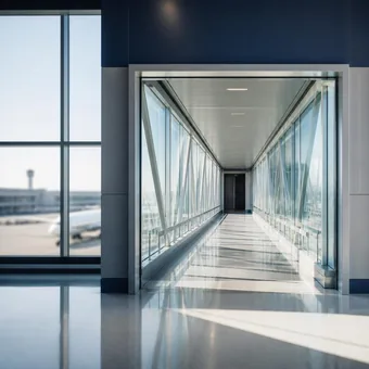 Couloir d'embarquement vitré ouvrant sur le tarmac, dans un terminal désert