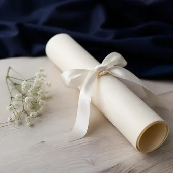 Rouleau de papier crème noué d'un ruban de satin, brin de fleurs blanches à côté