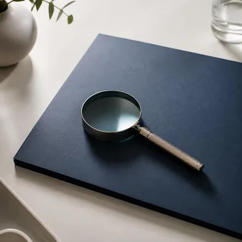 Loupe posée sur une chemise cartonnée bleu profond fermée