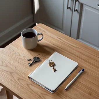 Table de cuisine avec une tasse, des cles et un carnet ferme