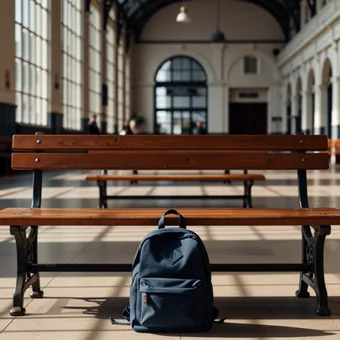 Sac a dos d'enfant pose seul au pied d'un banc de gare
