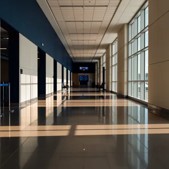 Couloir d'aeroport vitre et lumineux, vu en enfilade