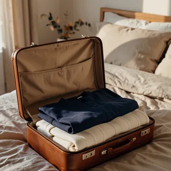 Valise ouverte a moitie faite sur un lit