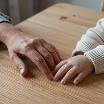 Main d'adulte et petite main d'enfant posees cote a cote