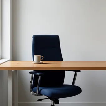 Chaise de bureau vide devant un plan de travail nu, une tasse oubliee