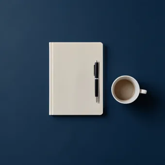 Bureau clair vu en plongee : un carnet ferme, un stylo et une tasse