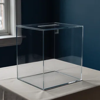 Urne transparente vide sur une table dans une salle lumineuse