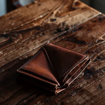 Vieux portefeuille en cuir use, ferme, pose sur une table en bois patine