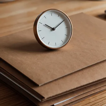 Petite pendule a cadran sans chiffres posee sur une pile de chemises kraft
