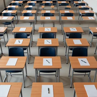 Salle d'examen vide, tables alignees avec une feuille vierge sur chacune