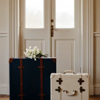Deux valises devant une porte d'entree, un bouquet pose dessus