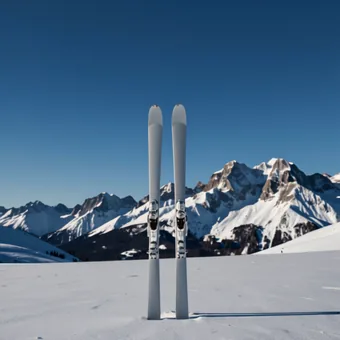 Paire de skis plantee dans la neige devant des sommets enneiges