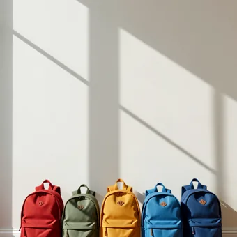 Rangee de petits sacs a dos colores alignes contre un mur