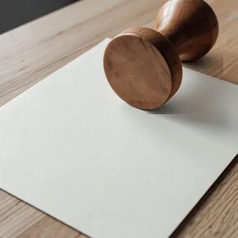 Tampon en bois pose sur une feuille de papier creme vierge
