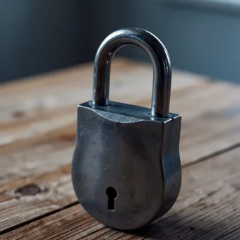 Cadenas metallique ferme pose sur une table en bois clair