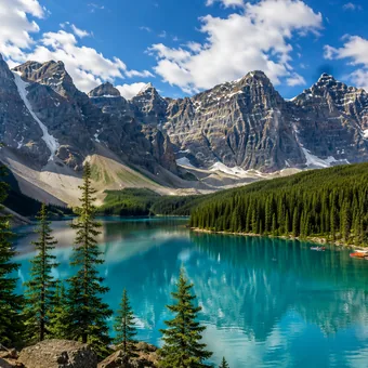 Lac de montagne turquoise entouré de sapins et de sommets enneigés