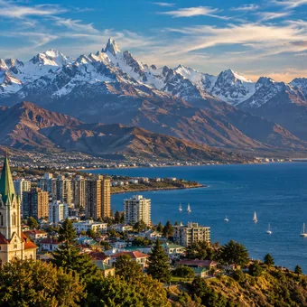 Ville côtière au pied des sommets enneigés de la cordillère