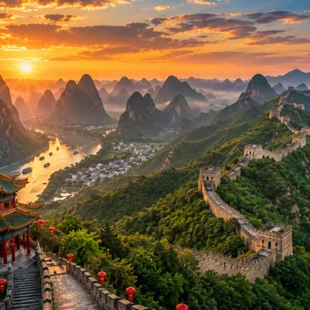 Muraille serpentant sur des collines karstiques au lever du soleil