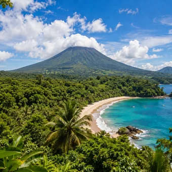 Volcan couvert de jungle dominant une plage sauvage