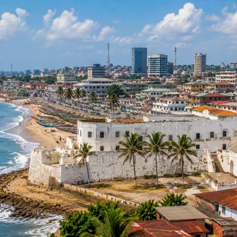 Fort colonial sur la côte, entre plage et immeubles de la ville